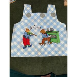 Vintage‎ 80s Girls Tank Top Blue Gingham Musical Mice Violin Piano Sz 10 Cropped